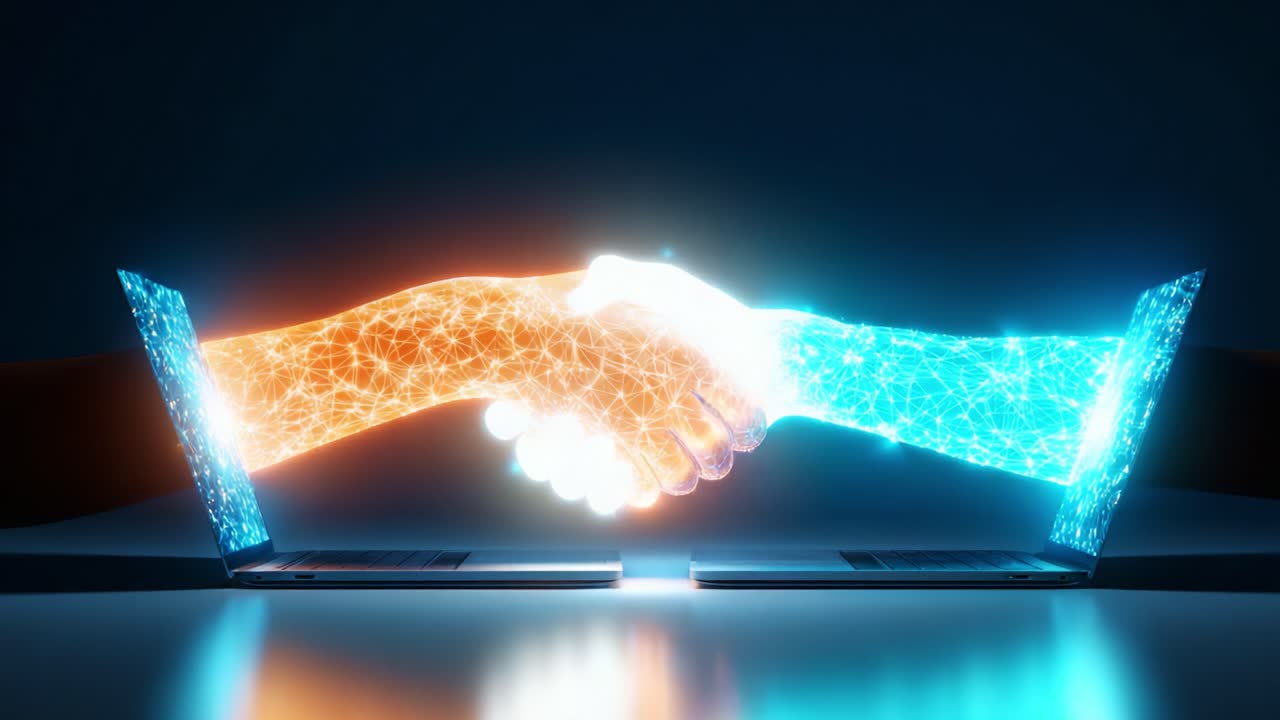Digital Collaboration: A Symbolic Handshake Between Two Laptops Representing Technology and Partnership in a Virtual Environment Showcasing Connectivity and Innovation