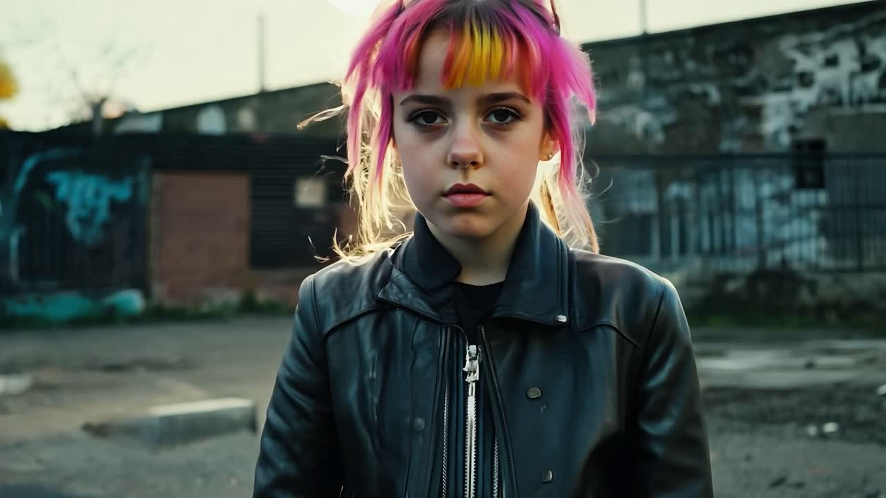 una mujer joven con cabello rosa y amarillo en una chaqueta de cuero negra se encuentra en un entorno urbano