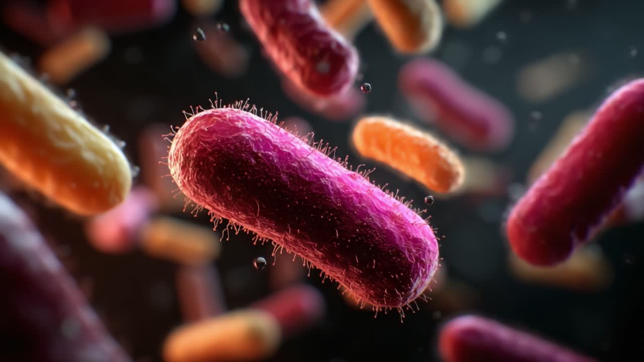 Un'esplorazione ravvicinata di batteri colorati: uno sguardo intricato alla vita microbica sotto un microscopio, che mostra forme e texture diverse in un ambiente stratificato