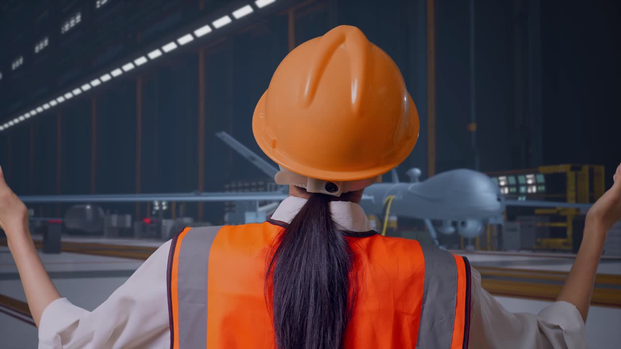 Un'ingegnera con elmetto di sicurezza, ripresa da dietro in primo piano, allarga le braccia mentre è in piedi, con un moderno drone militare in un hangar di manutenzione.
