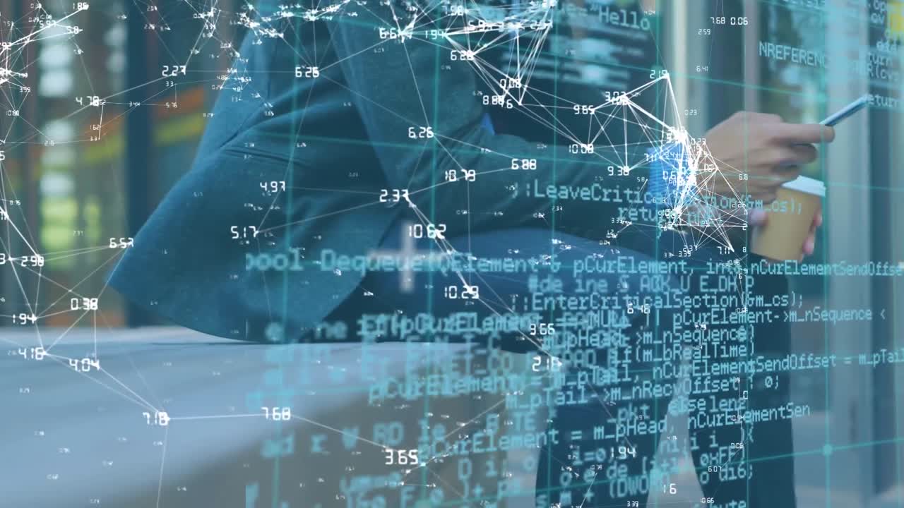 스마트폰을 사용하는 카우카스계 사업가에 대한 금융 데이터 처리 애니메이션