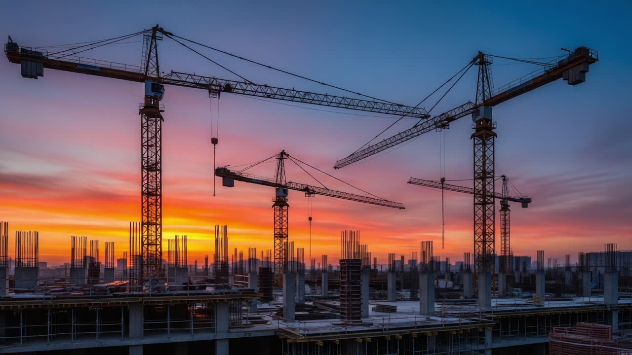 A Captivating Sunset Over a Construction Site Showcasing Tower Cranes Erecting Modern Architectural Framework with an Urban Skyline in the Background