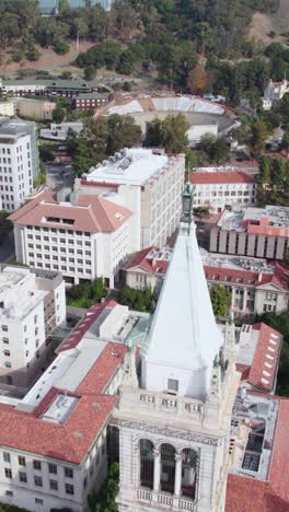 vertical drone shot of campanile tower, landmark of berkeley university campus, california usa