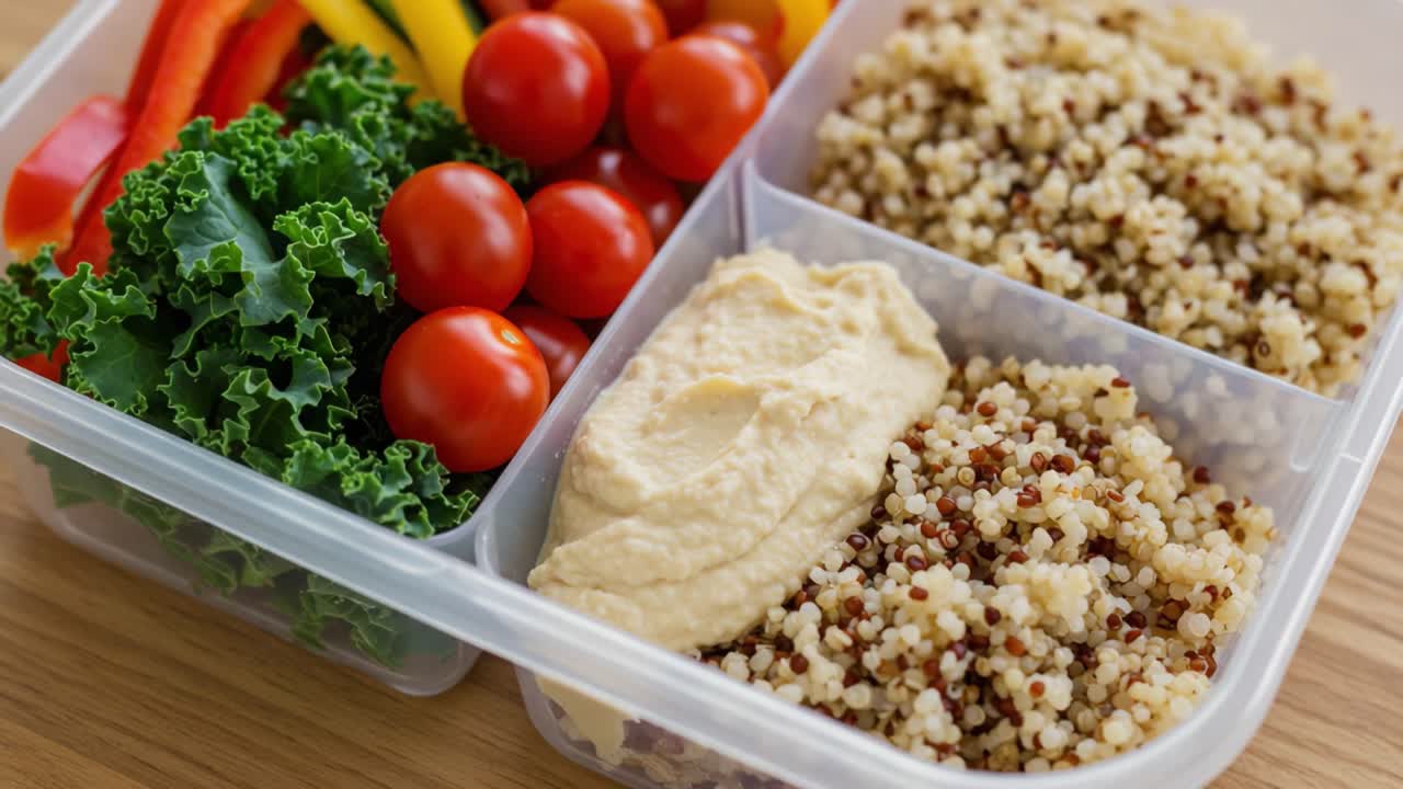 Healthy Meal Prep: Colorful Quinoa Salad with Fresh Vegetables and Creamy Hummus in a Divided Container for Nutritious Eating on the Go