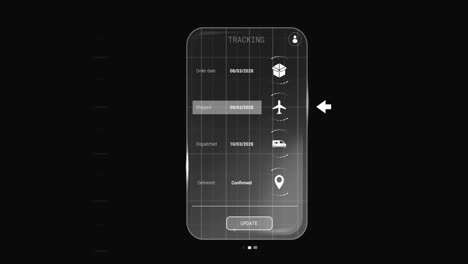Animation of digital interface with icons and data processing on black background