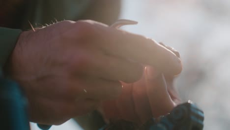 a close-up of hands adjusting a small tool outdoors with soft sunlight shining in the background