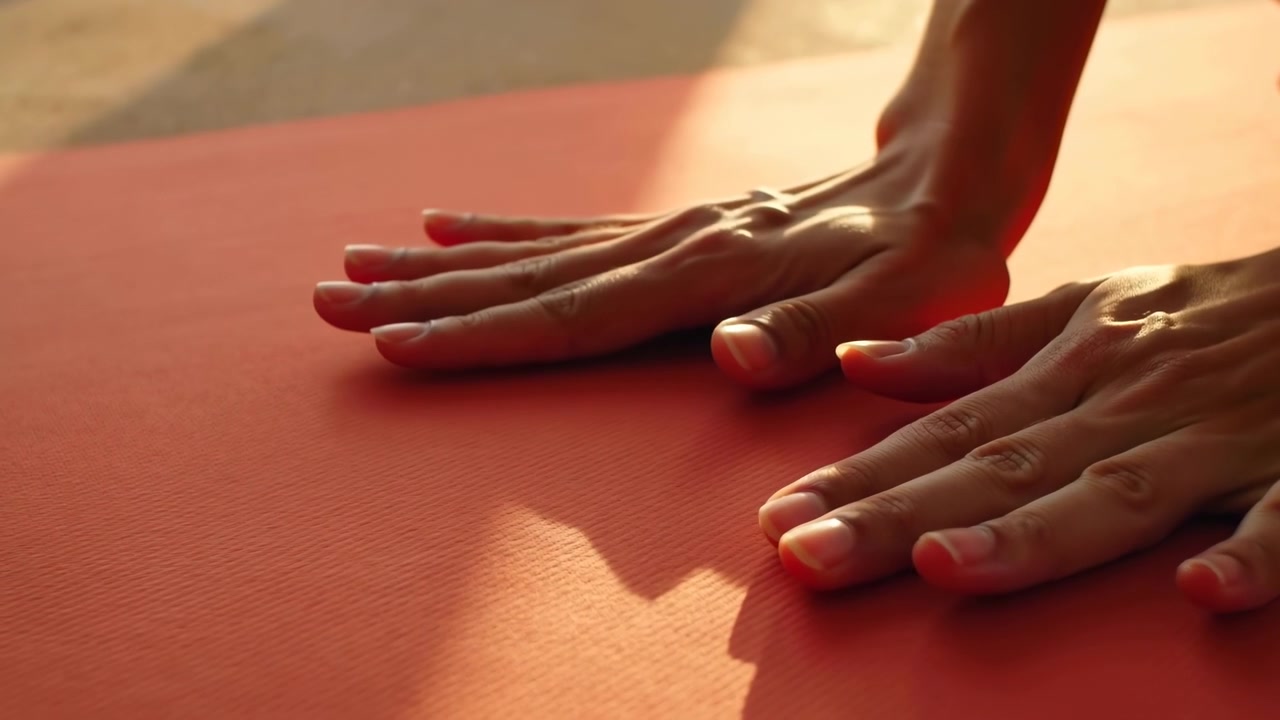 Middle sequence frame of two hands resting and pressing lightly on an orange textured exercise mat, positioned in the upper right area of the frame