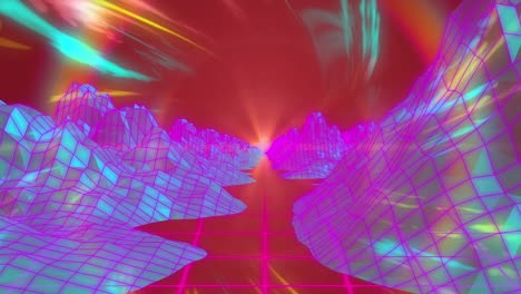 animación del paisaje digital sobre coloridas luces brillantes giratorias