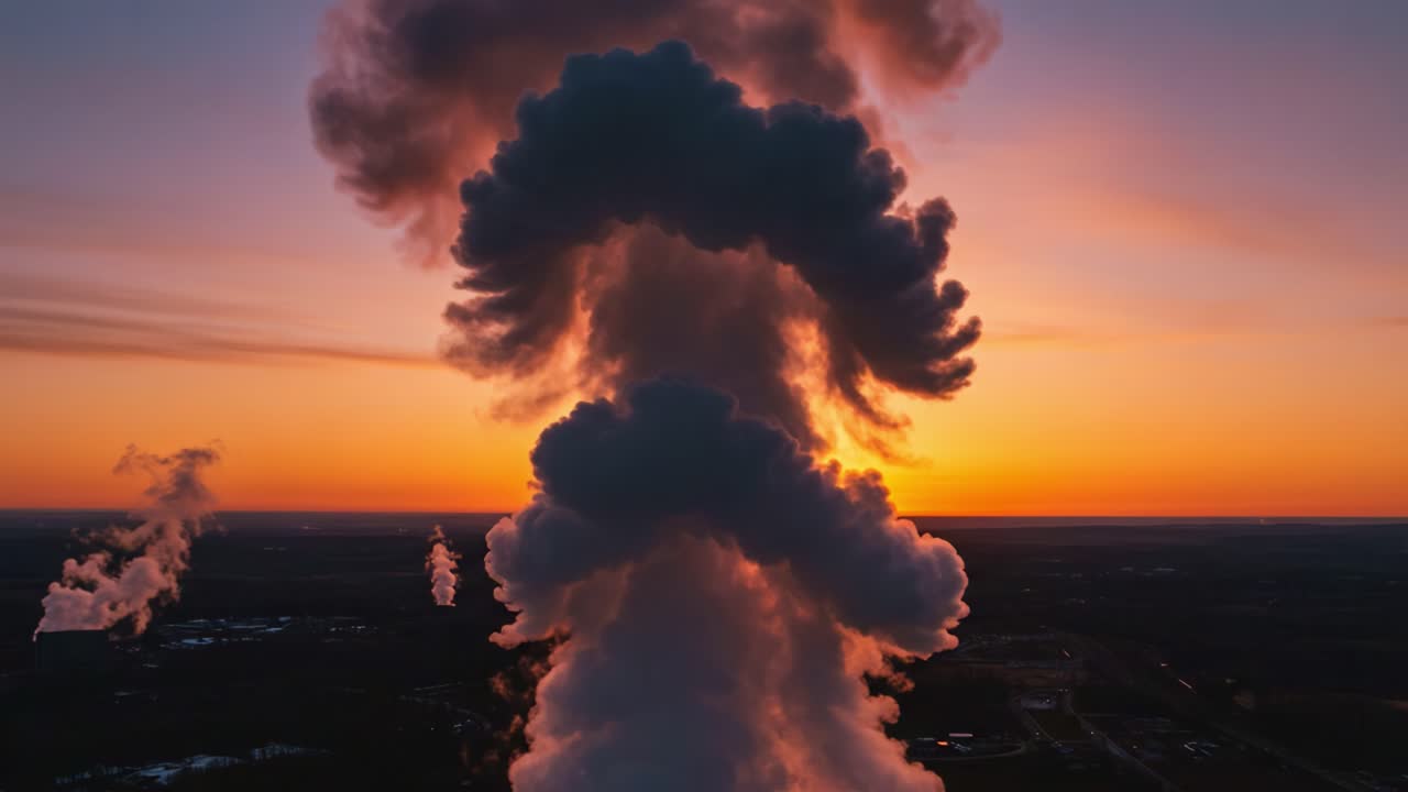 Majestic Dance of Clouds: Vibrant Sunset Overlook Featuring Billowing Smoke Against a Colorful Sky