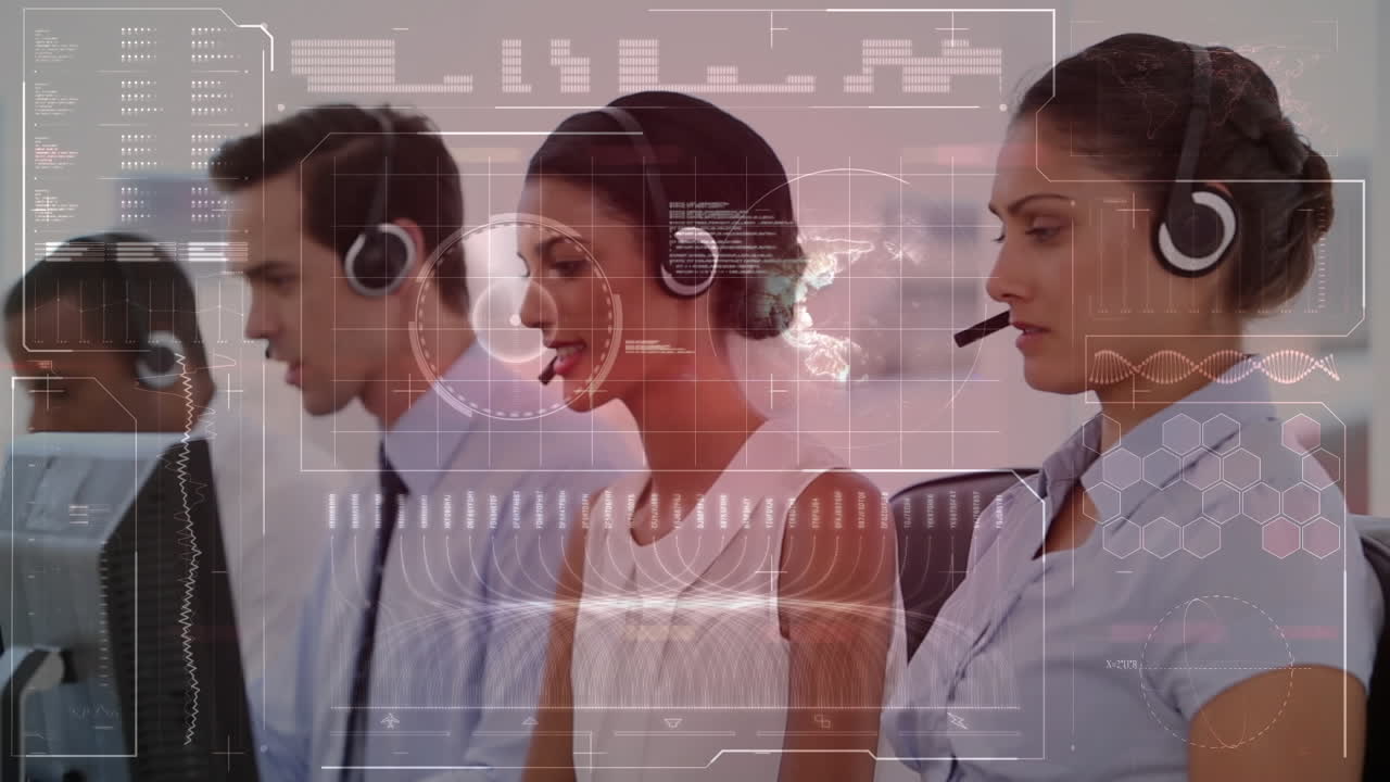 animación de la interfaz digital sobre personas de negocios que usan auriculares telefónicos
