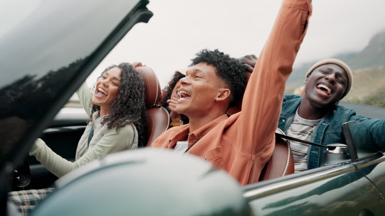 Friends Enjoying a Road Trip in a Convertible