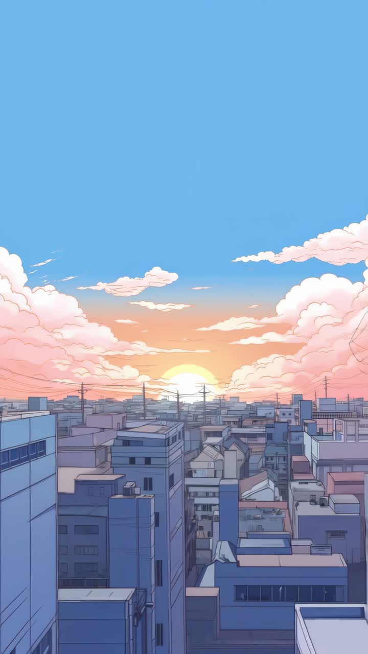 Vista aerea di un paesaggio urbano al tramonto, realizzata in uno stile vivace ispirato agli anime