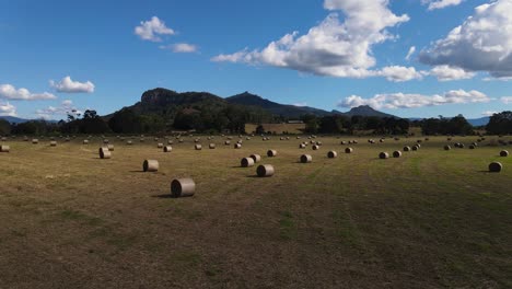 a slow moving drone video flying above bales of hay freshly rolled with a mountain range in the foreground