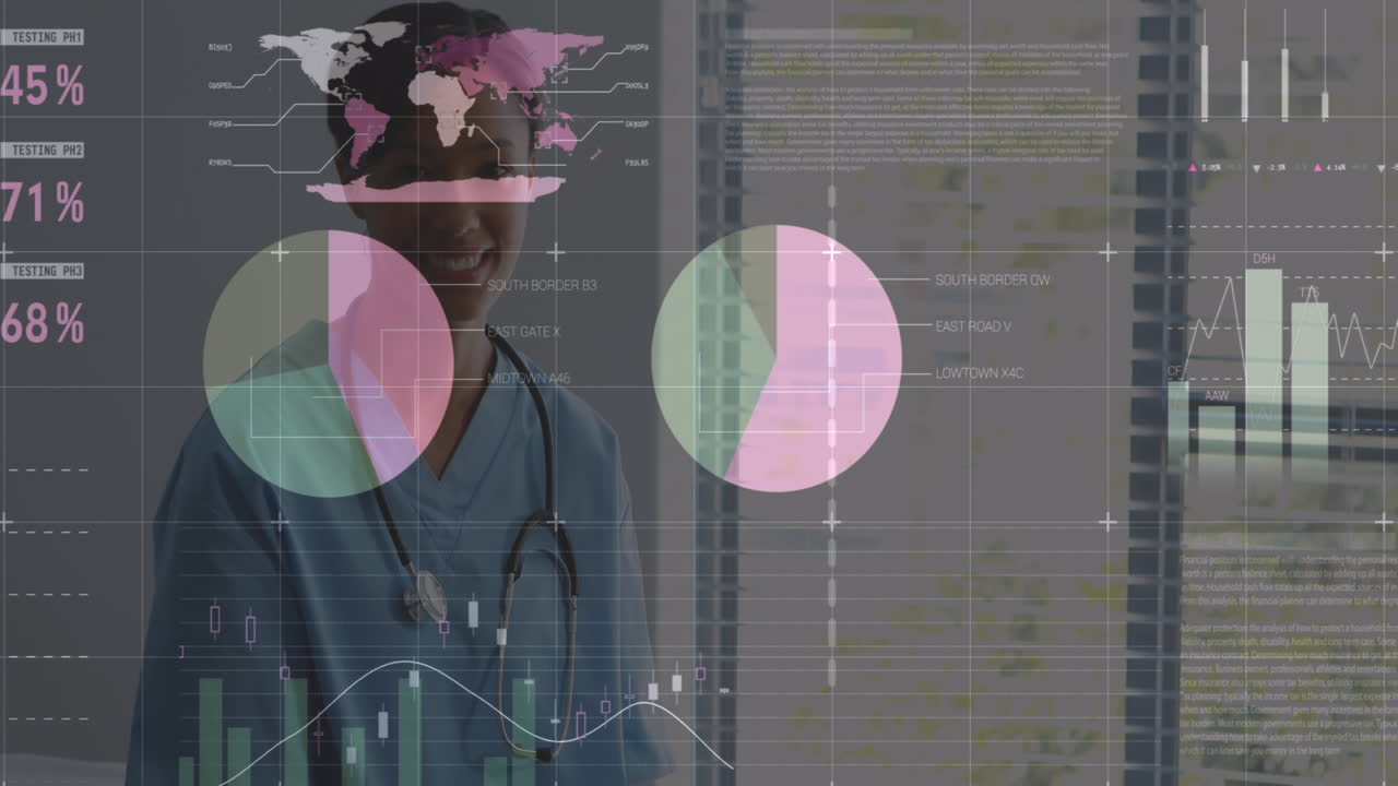 una joven biracial en trajes médicos se para ante los gráficos de datos.