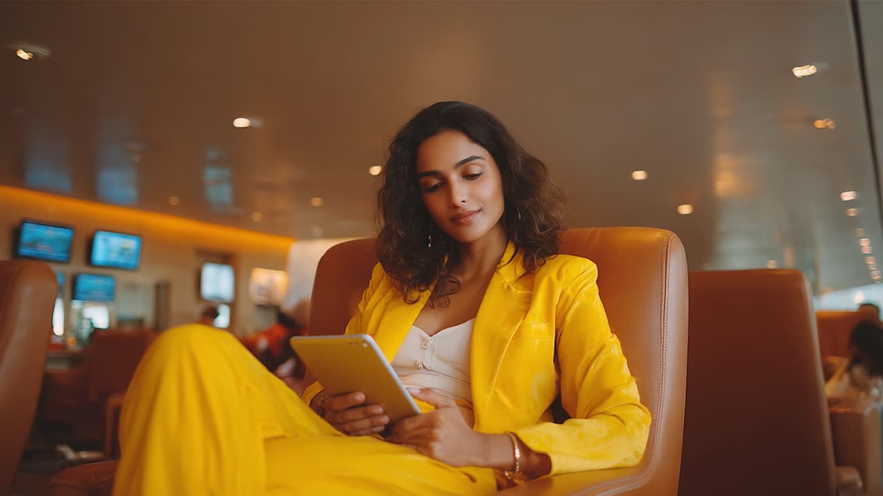 A stylish young woman in a vibrant yellow suit sits comfortably in a modern setting, engrossed in her tablet while surrounded by a relaxed atmosphere