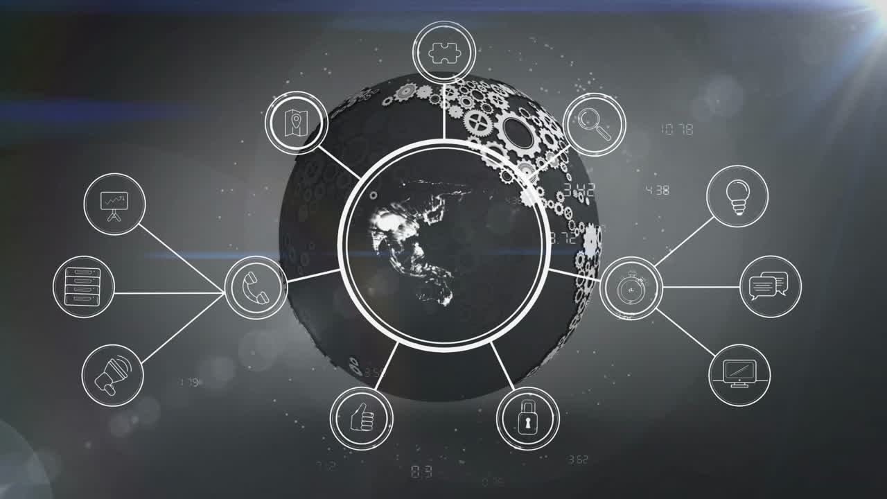 글로벌 네트워크 및 데이터 처리 애니메이션으로 회전하는 지구