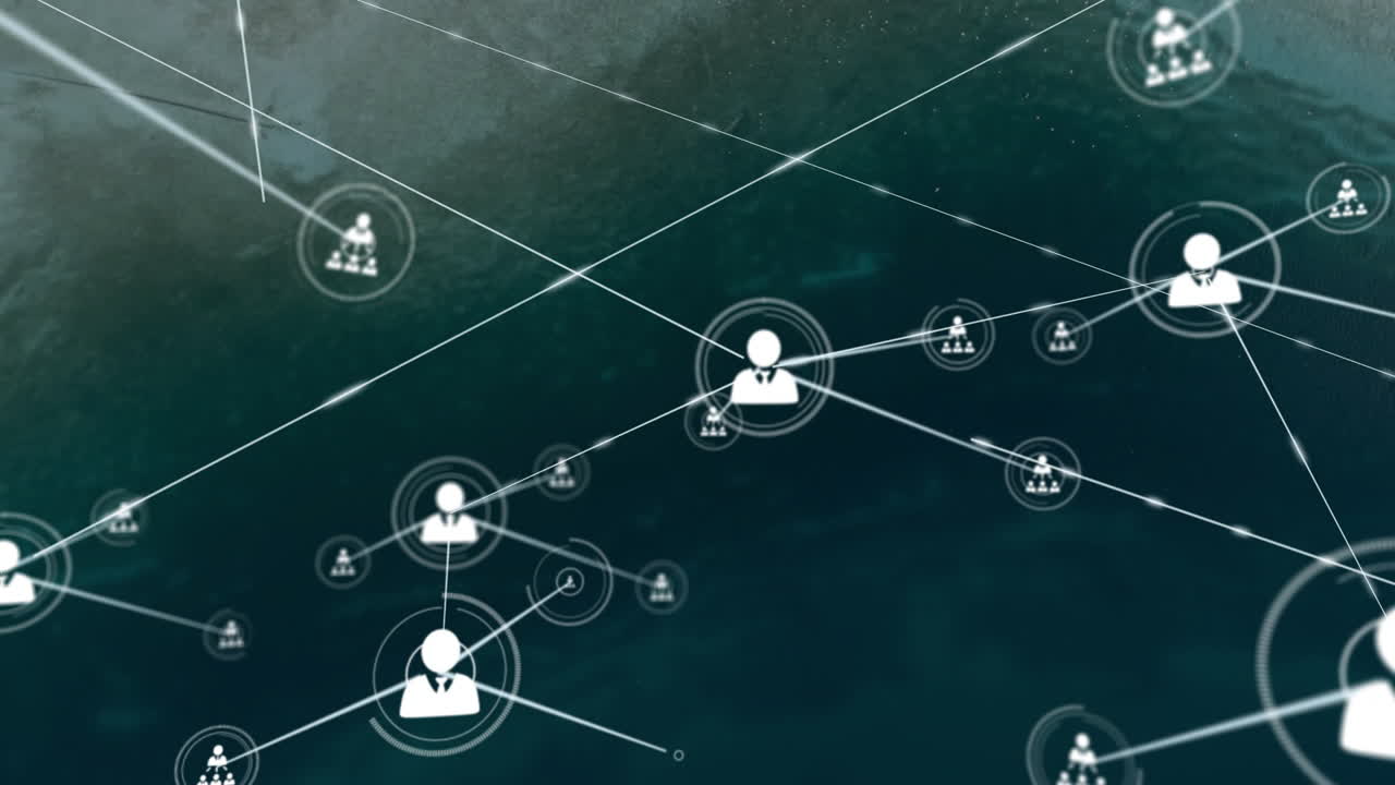 Network of connections and data processing animation over dark green background