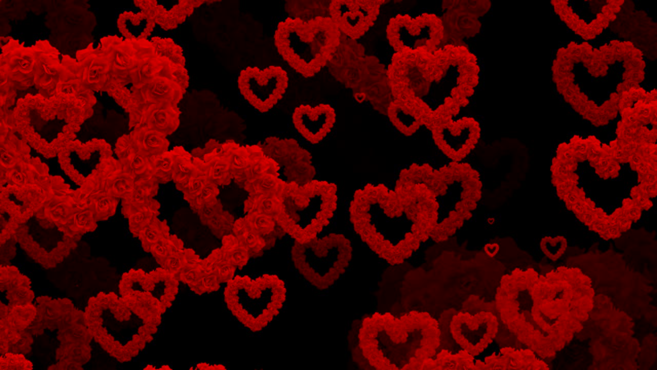 rosa roja de colores y corazón animado volando sobre fondo negro, amor y día de san valentín
