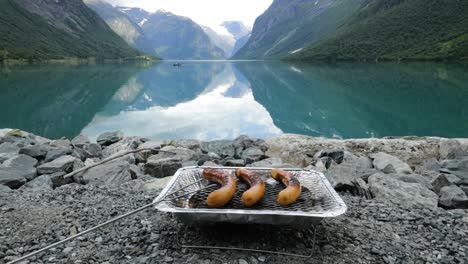 grilling sausages on disposable barbecue grid.