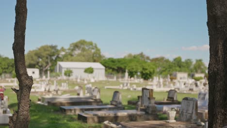 a still and quiet cemetery on a sunny day with gravestones and a chapel in the background and trees shadowing the gravesites moving gently in the breeze.