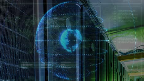 animation of data processing and globe over server room