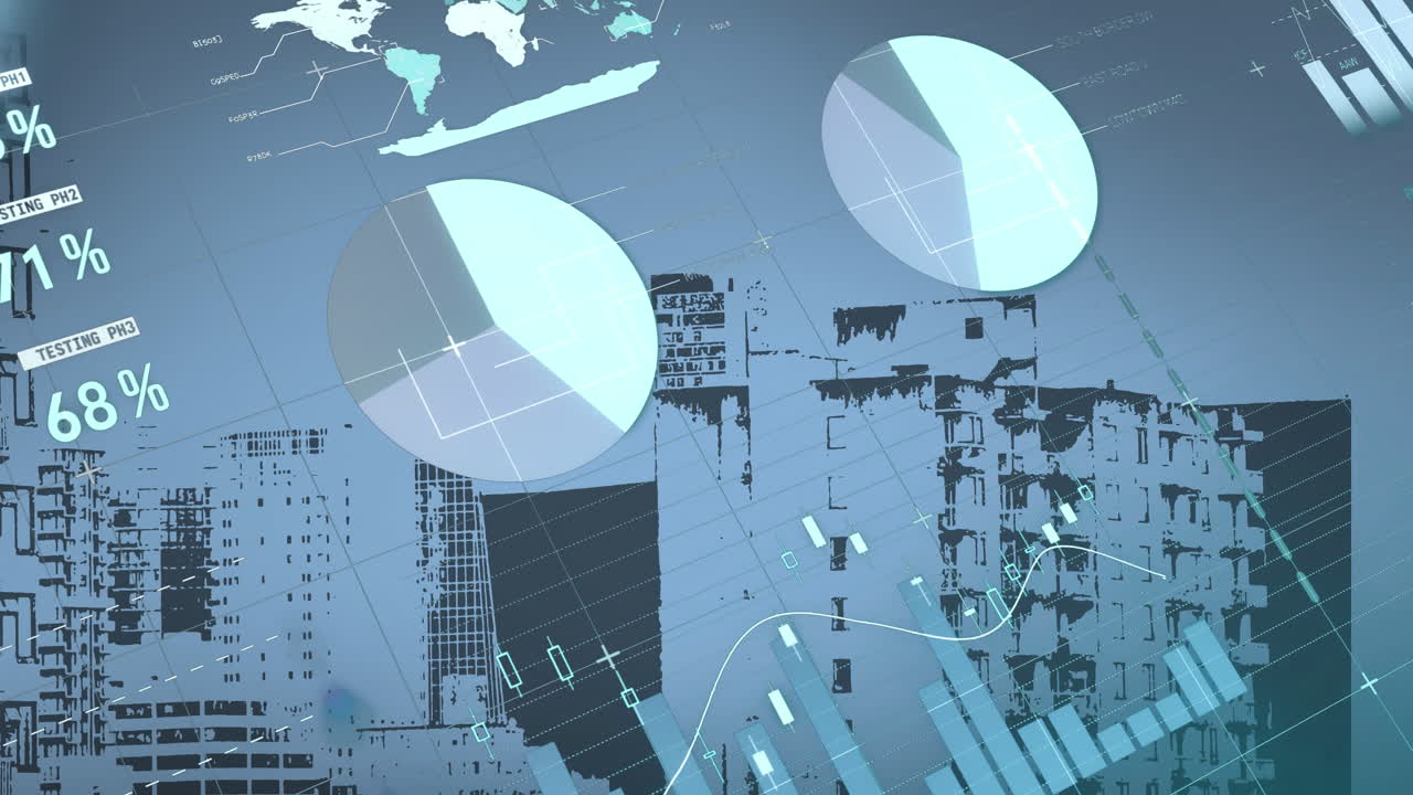 анимация обработки статистических данных в сравнении с воздушным изображением высоких зданий