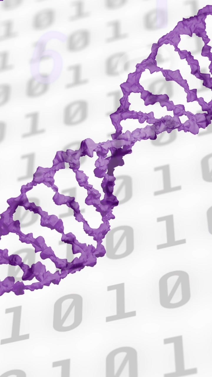 Animazione di elaborazione dati e filamento di DNA su sfondo bianco