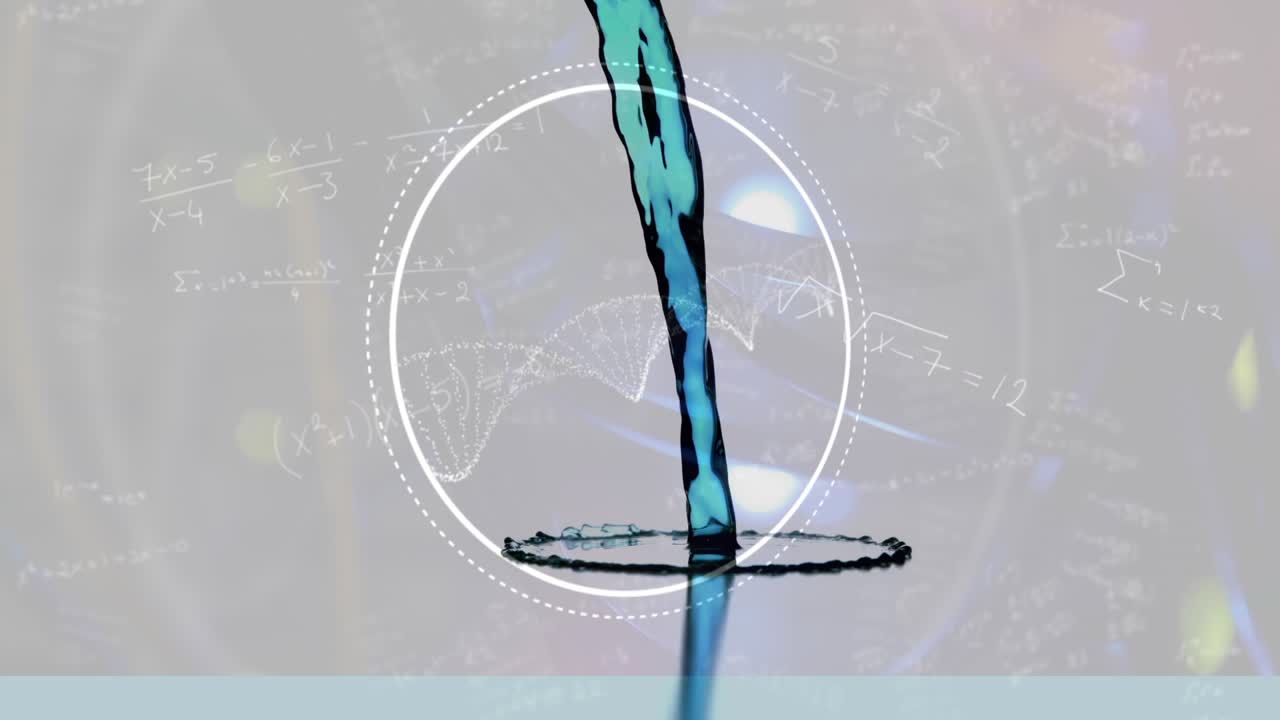 Animação de fita de DNA e equações matemáticas sobre líquido azul