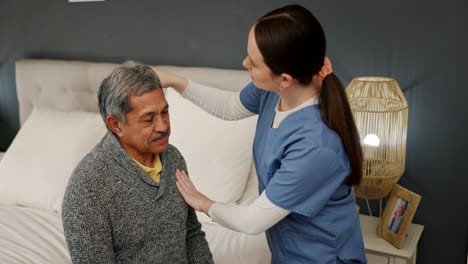 old man, comb hair and nurse in nursing home