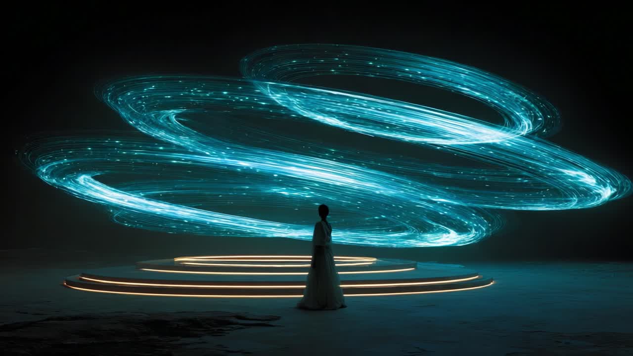 A Mesmerizing Display of Dynamic Light and Motion Surrounds a Figure in Ethereal Atmosphere Intertwined with Futuristic Energy Patterns in a Surreal Environment