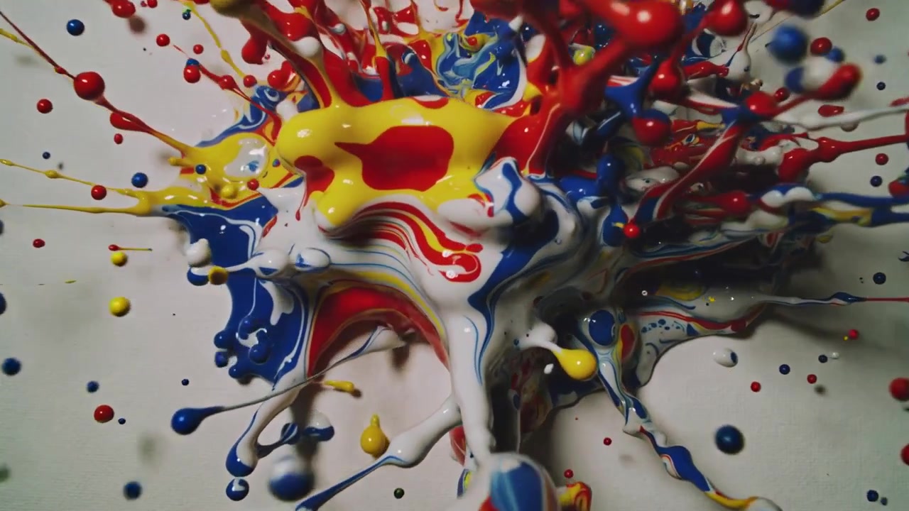 Impulse launching primary paint cluster, beads shooting out on pale panel, forming marbled ribbons