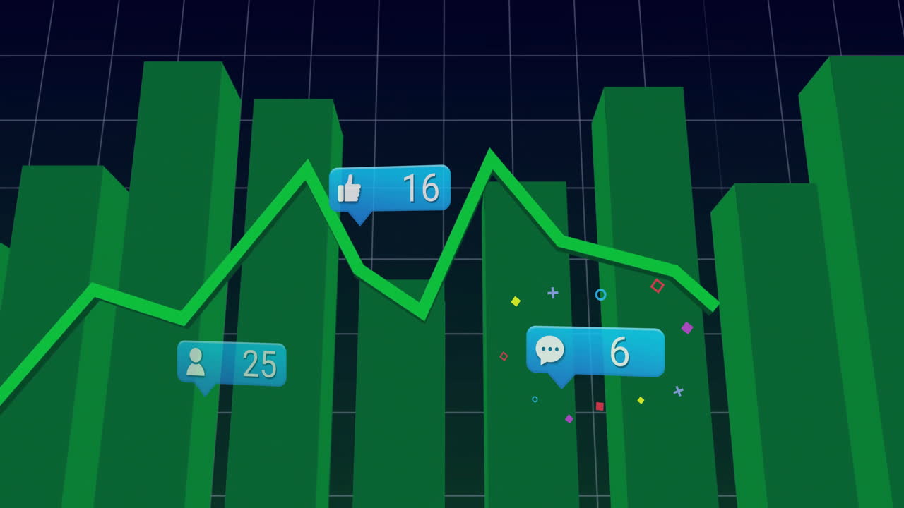 Datavisualisatie geanimeerd in een marineblauw dashboard, met 3D groene balken en neonblauwe lijn-aanduidingen.
