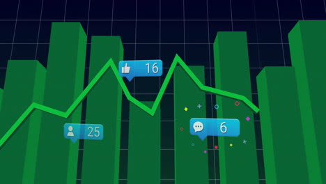 data visualization being animated in navy dashboard, showing 3d green bars, neon line blue callouts