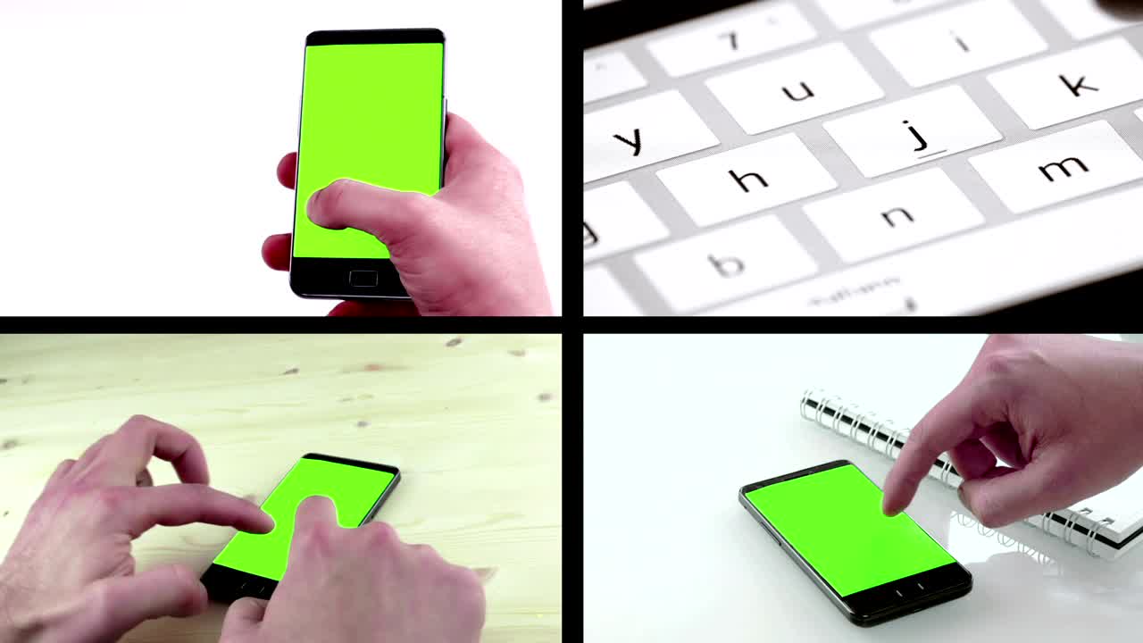 스마트 폰을 사용하는 사람의 손으로 멀티 스크린 장면으로 크로마 키와 스마트 폰의 가상 키보드의 클로즈업으로 문자 메시지를 작성합니다.