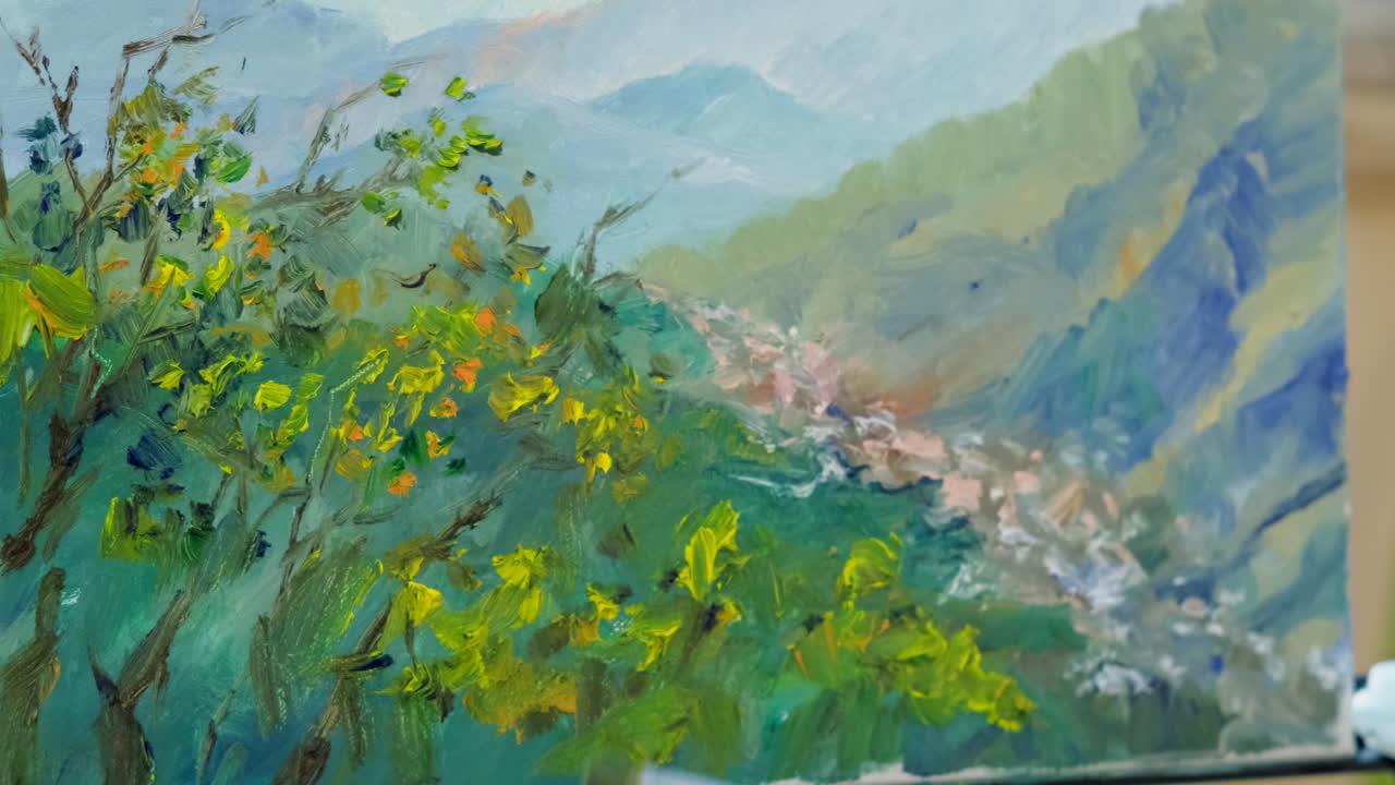 pintura al óleo de un paisaje de montaña con pinceladas