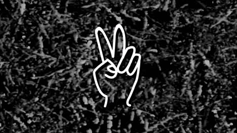 animation of white neon peace sign hand, over monochrome grass