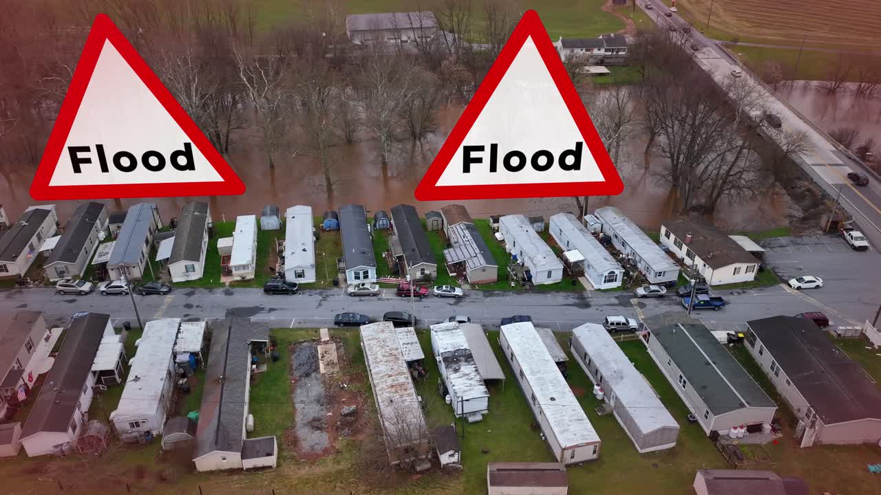큰 홍수 표지판이 애니메이션으로 표시된 홍수된 이동식 주택 공원의 공중 풍경