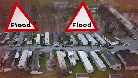 Luftaufnahme-Eines-überfluteten-Wohnmobilparks-Mit-Großen-Animierten-Hochwasserschildern