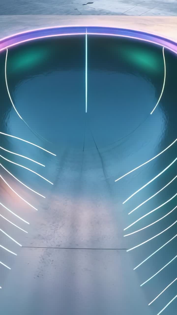 Vertical video: Shifting neon rim hues and flickering contour lines on circular basin in tech space