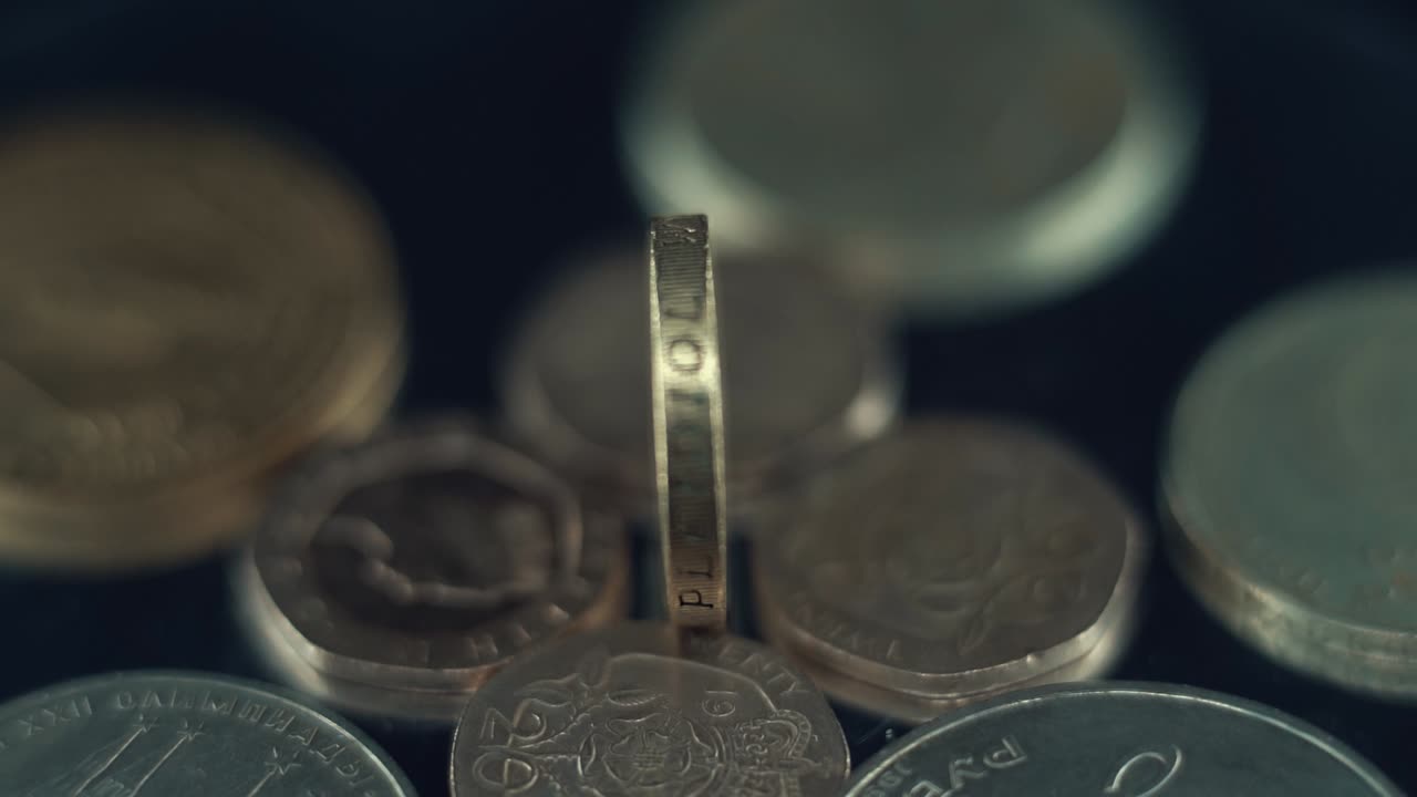 Close-up of One Pound Coin Among Other British Coins