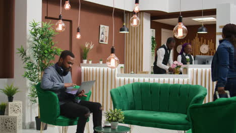 traveller browsing social media at hotel