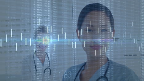 nurse and doctor reviewing in lab holographic medical charts with numeric tables and stethoscopes