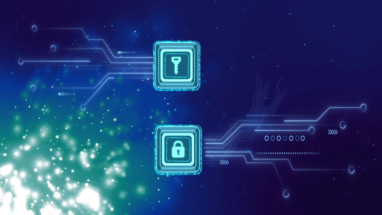 Animation of nkey and padlock icons and digital data processing over blue background