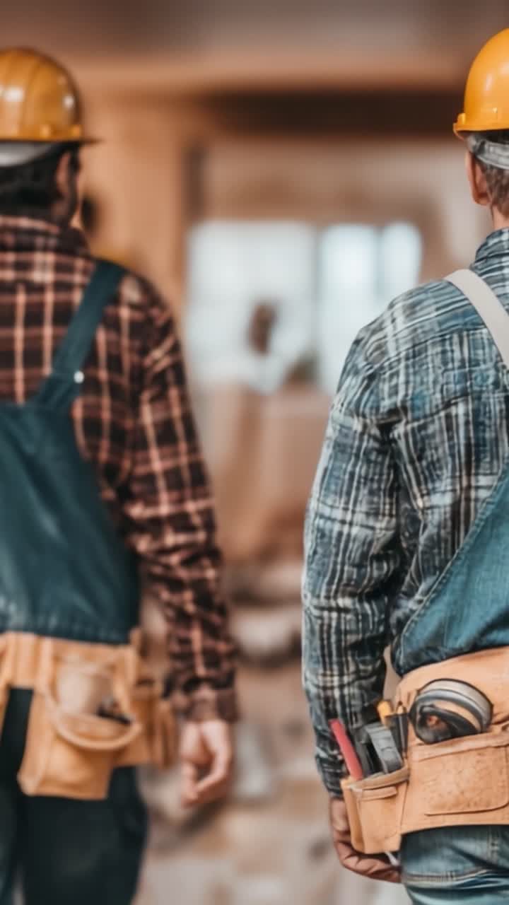 Two Construction Workers in Hard Hats and Work Gear, Ready to Tackle Renovation Projects with Tools and Equipment in a Busy Workshop Environment