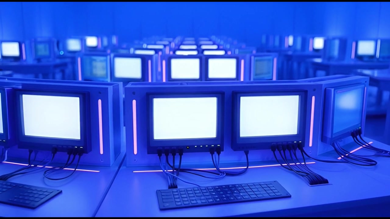 Empty Data Center with Glowing Blue Computer Screens