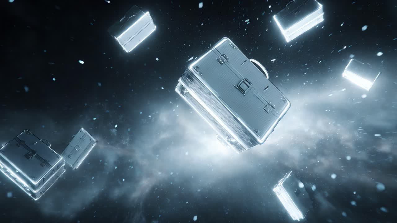 A captivating visual composition featuring a dynamic array of futuristic, glowing cases suspended in a cosmic environment, creating an atmosphere of mystery and intrigue among the floating objects