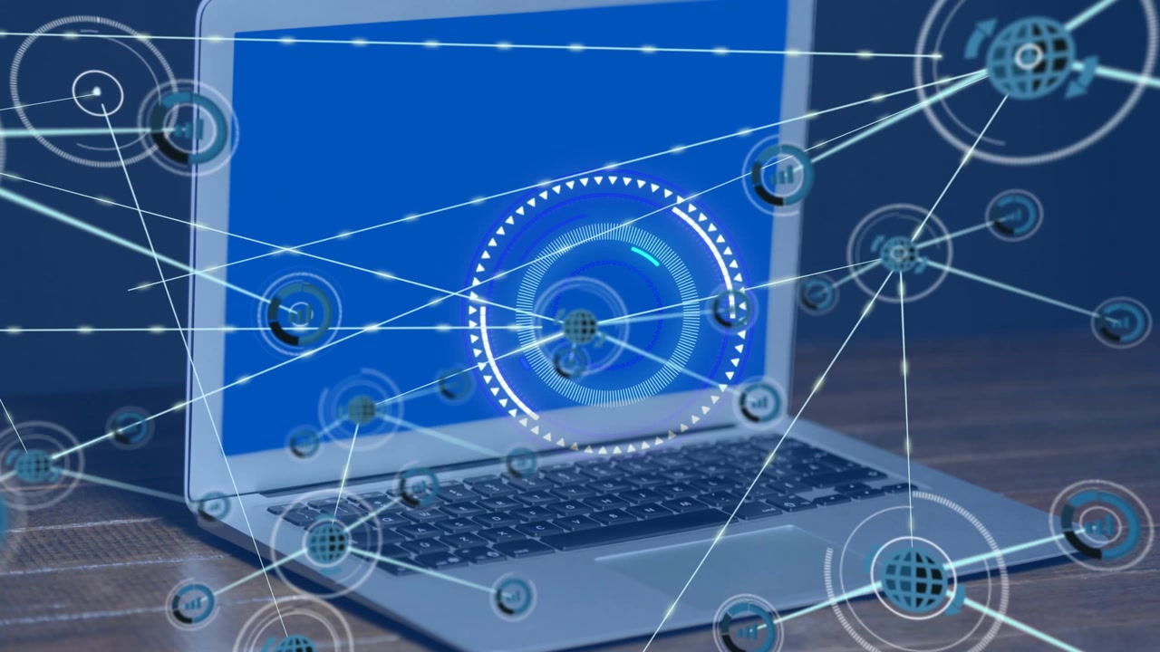 Laptop con grafica di connessione di rete digitale