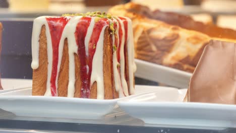 delicious cakes displayed in a bakery