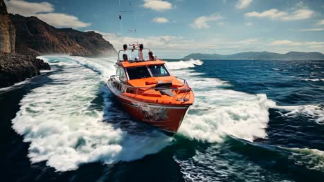 rescue boat navigating rough waters near rocky coast under clear skies