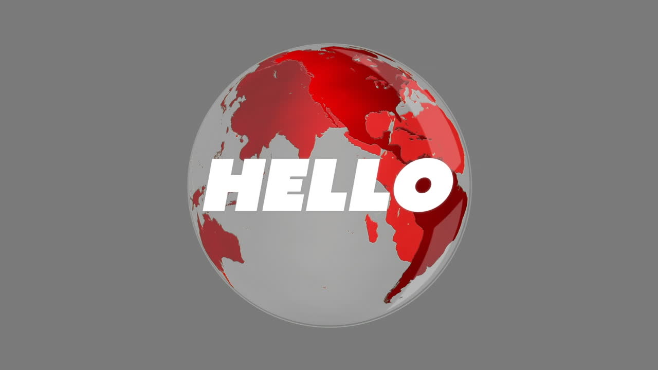 Animation of hello text over globe on dark background
